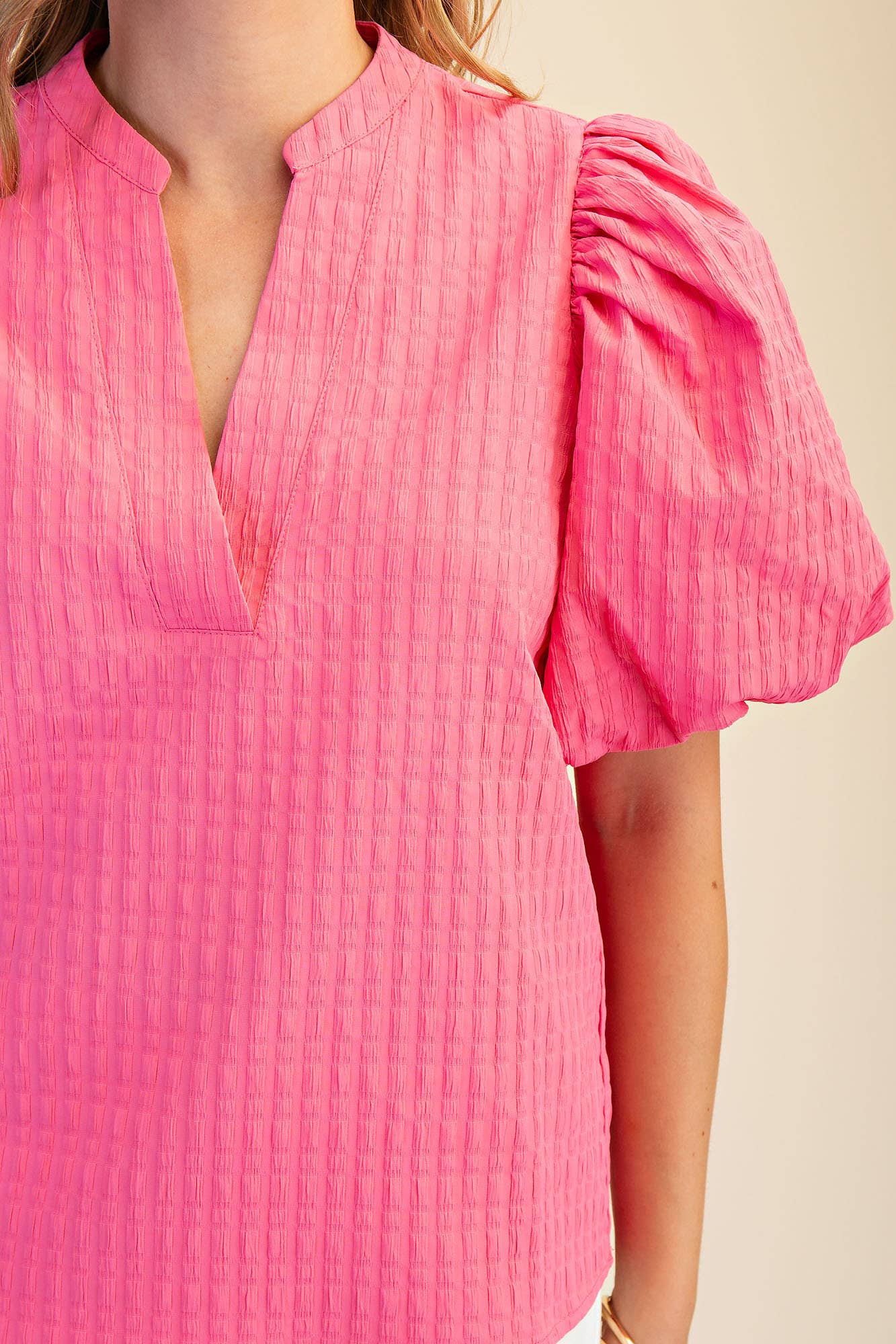 V-Neck Puff-Sleeve Textured Top