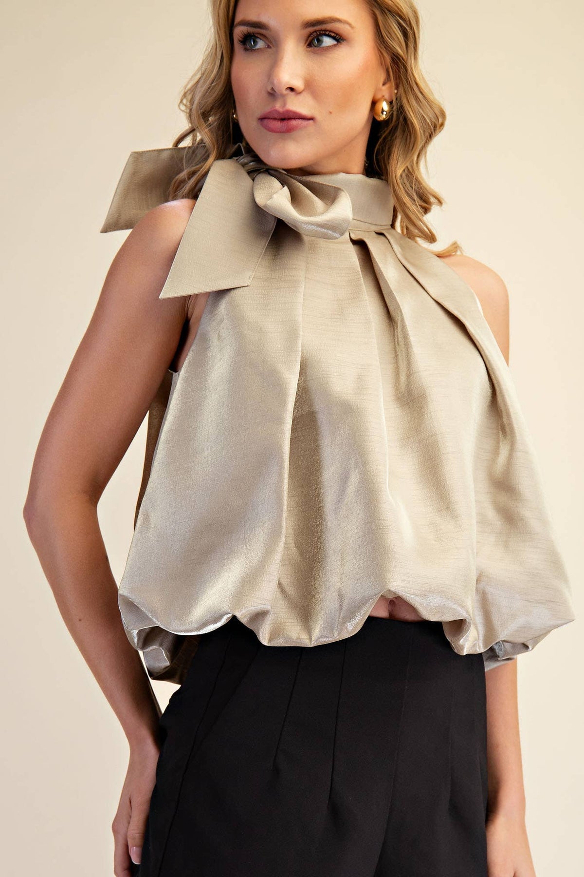 High Neck Tie Wrap Balloon Sleeveless Top
