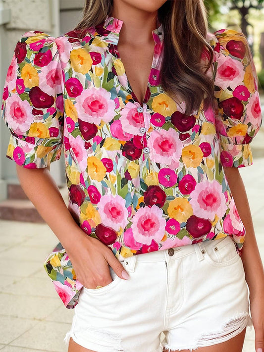 Spring Floral  V Neck Puff Short Sleeve