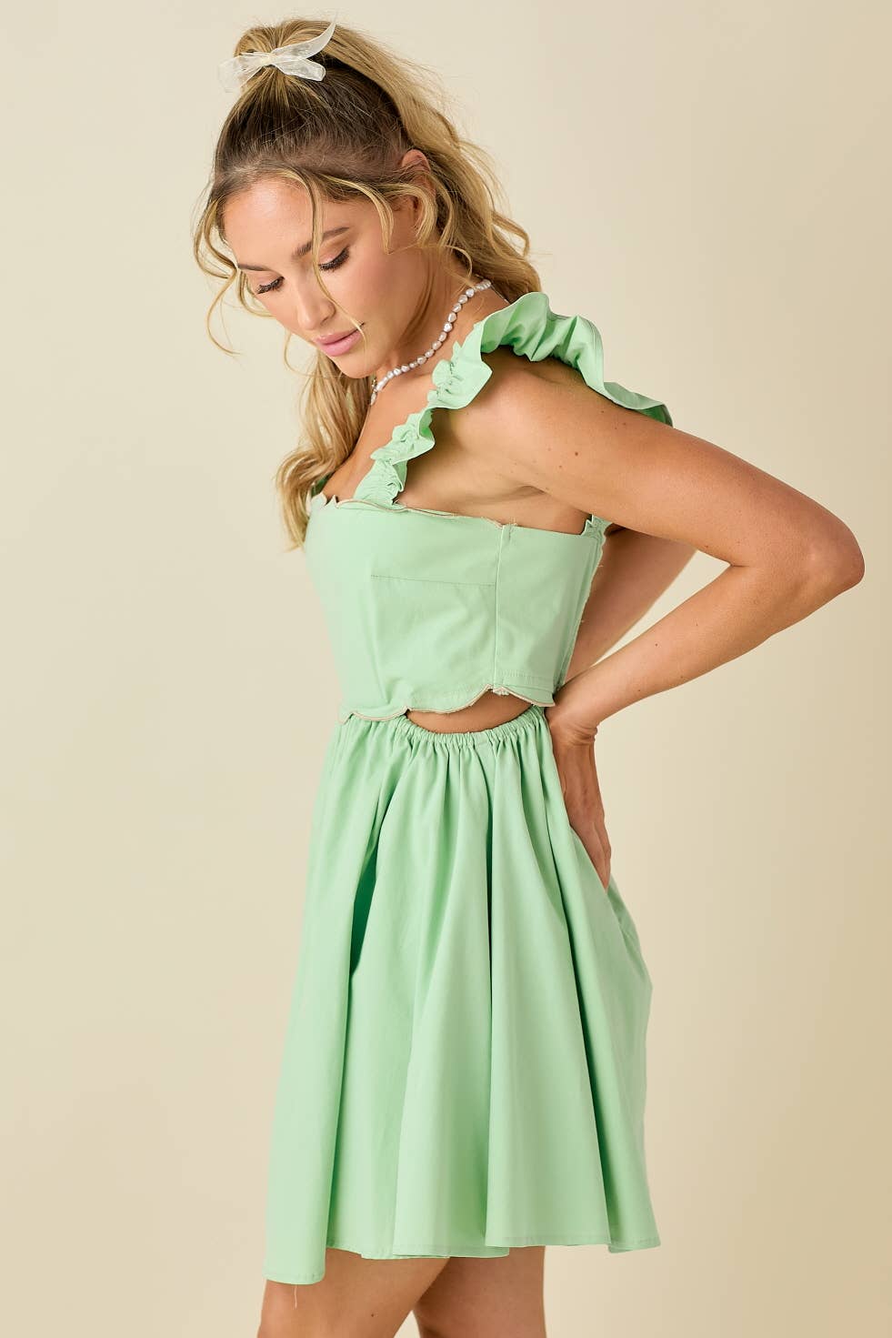 Scallop mini dress ruffled shoulder