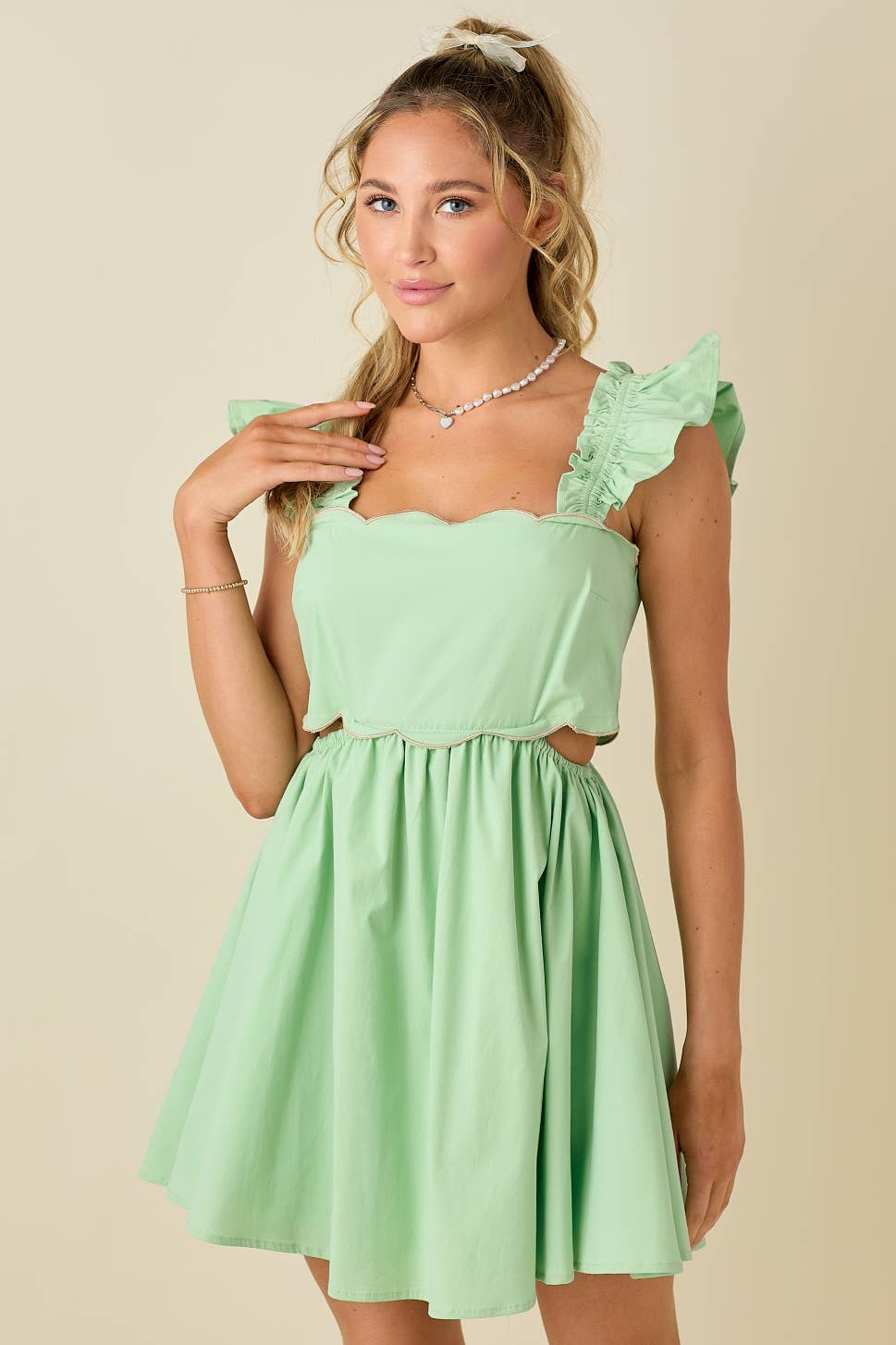 Scallop mini dress ruffled shoulder