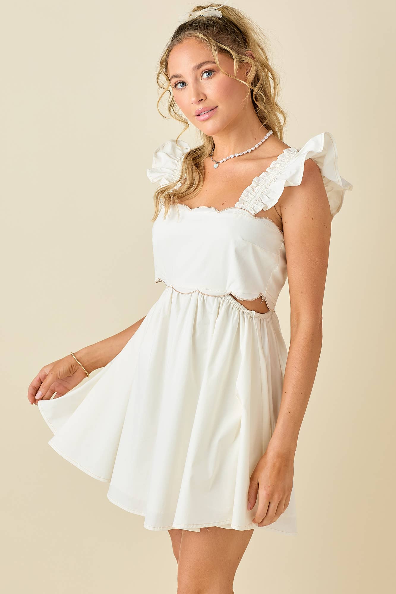 Scallop mini dress ruffled shoulder