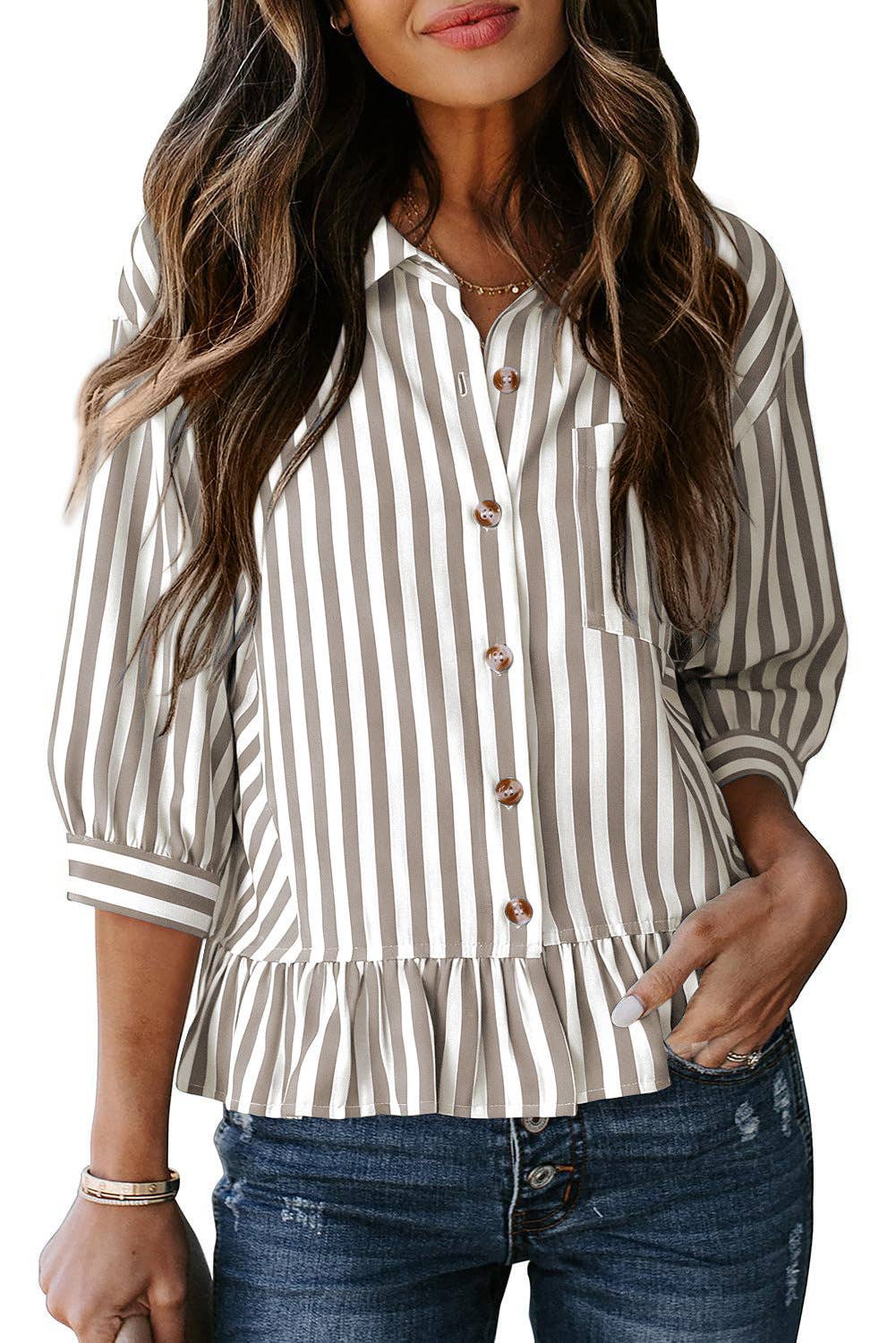 Striped Ruffle Hem 3/4 Sleeve Blouse