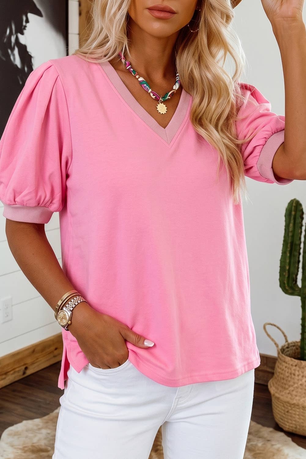 Solid Color Puff Sleeve Blouse