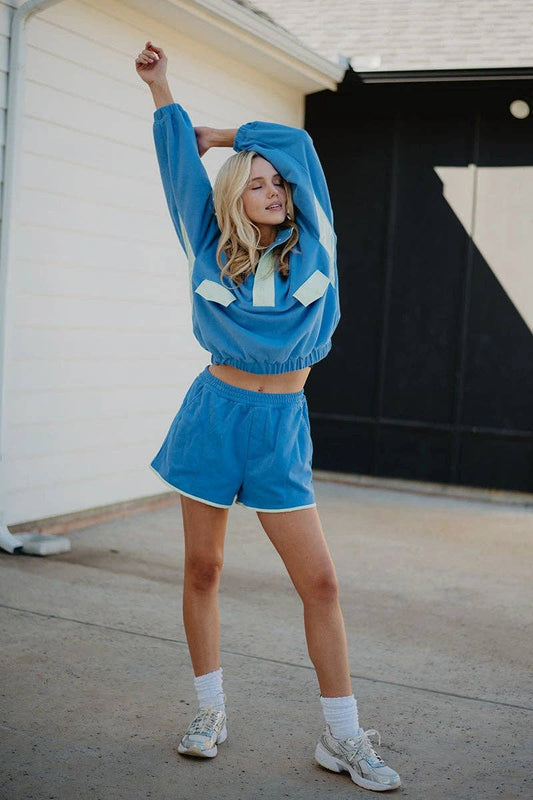 Blue & Green Quarter Snap Athletic Sets for Women