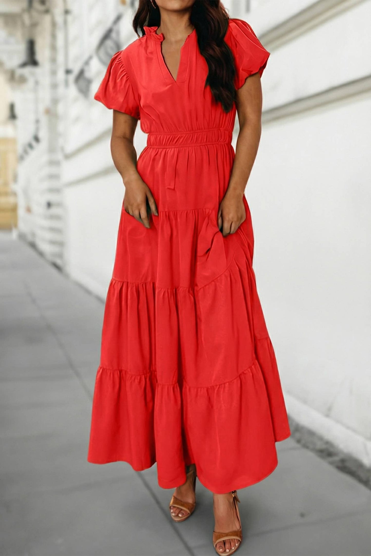 Green V Neck Puff Sleeve Maxi Dress