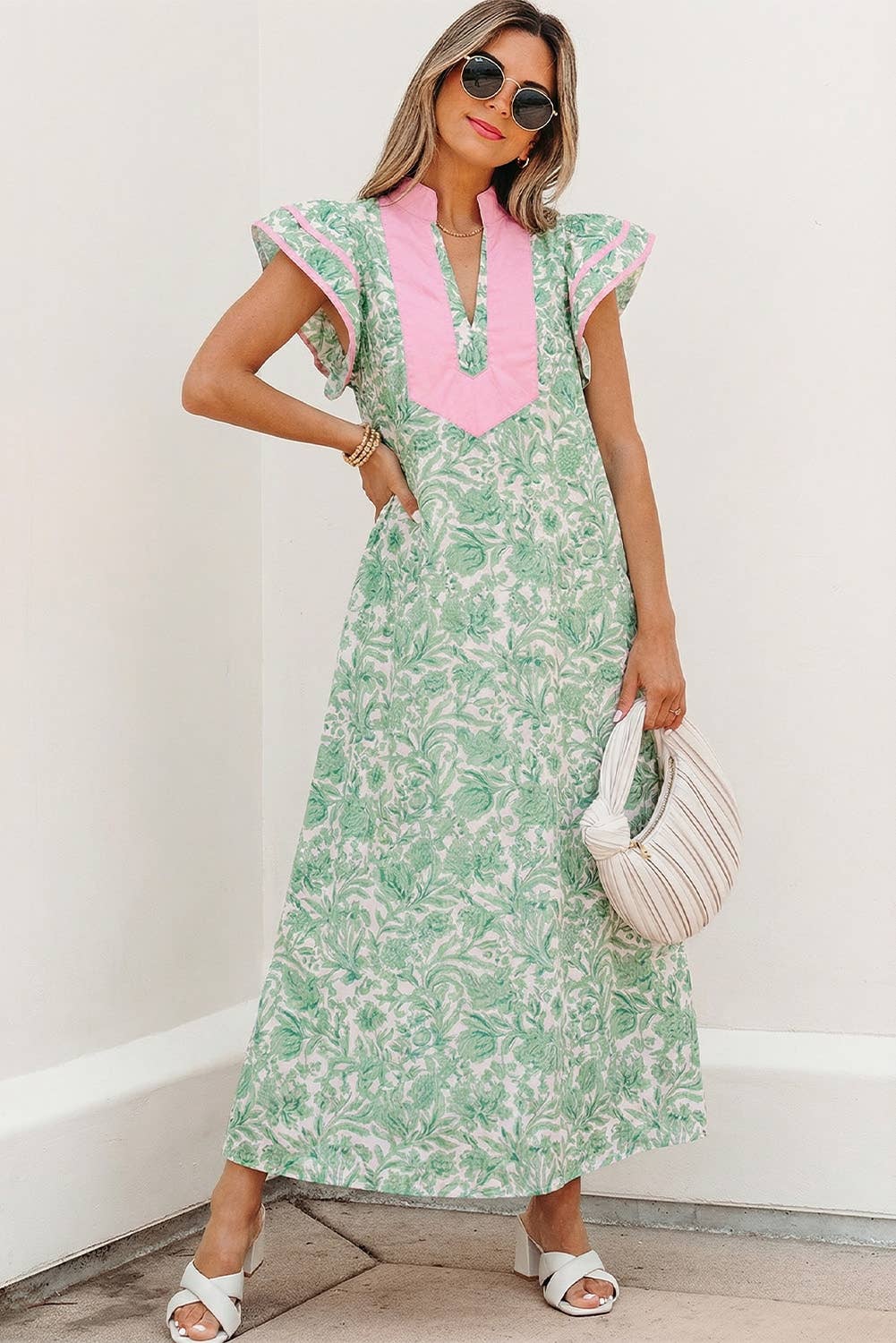 Pink V Neck Short Sleeve Midi Dress
