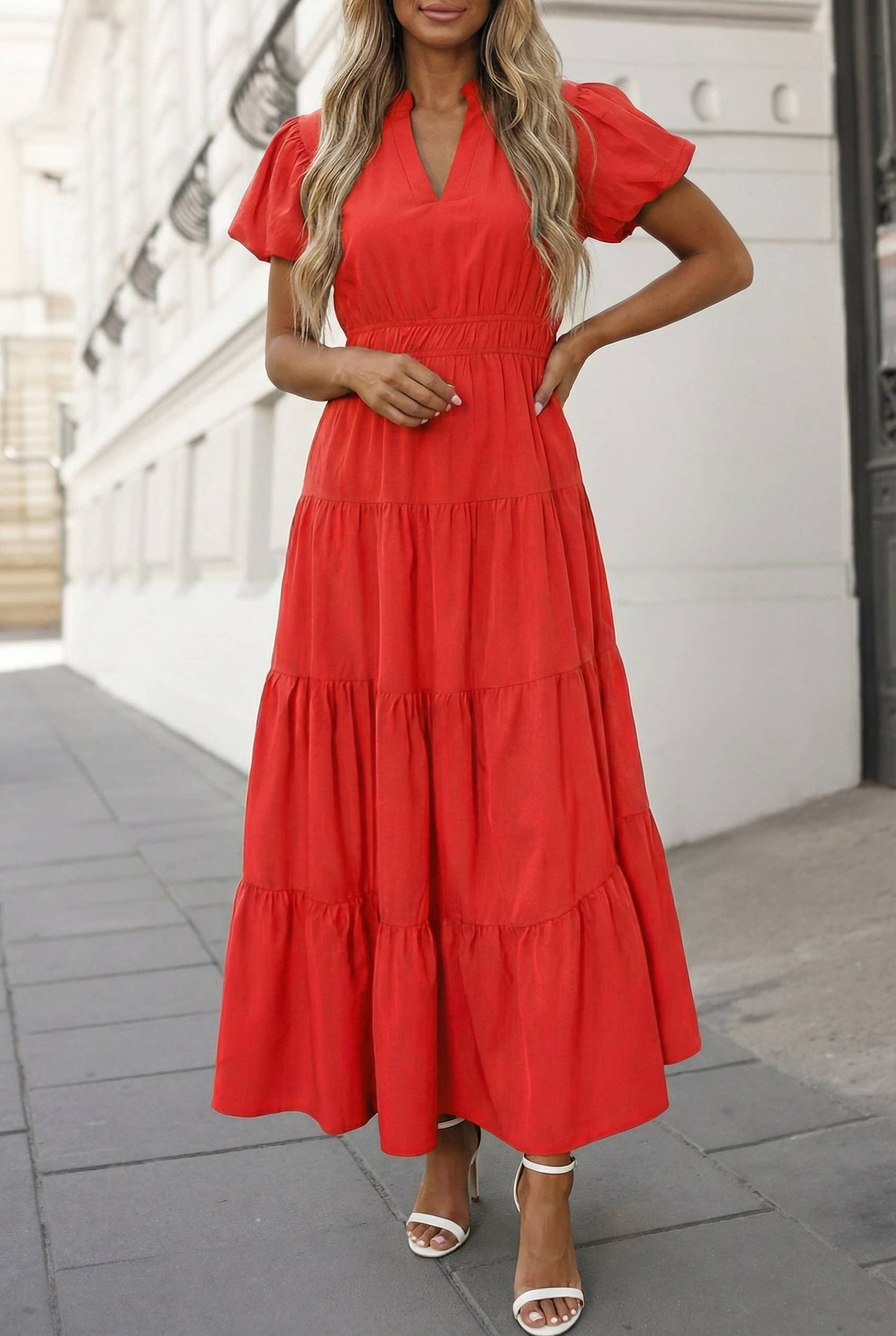 Green V Neck Puff Sleeve Maxi Dress