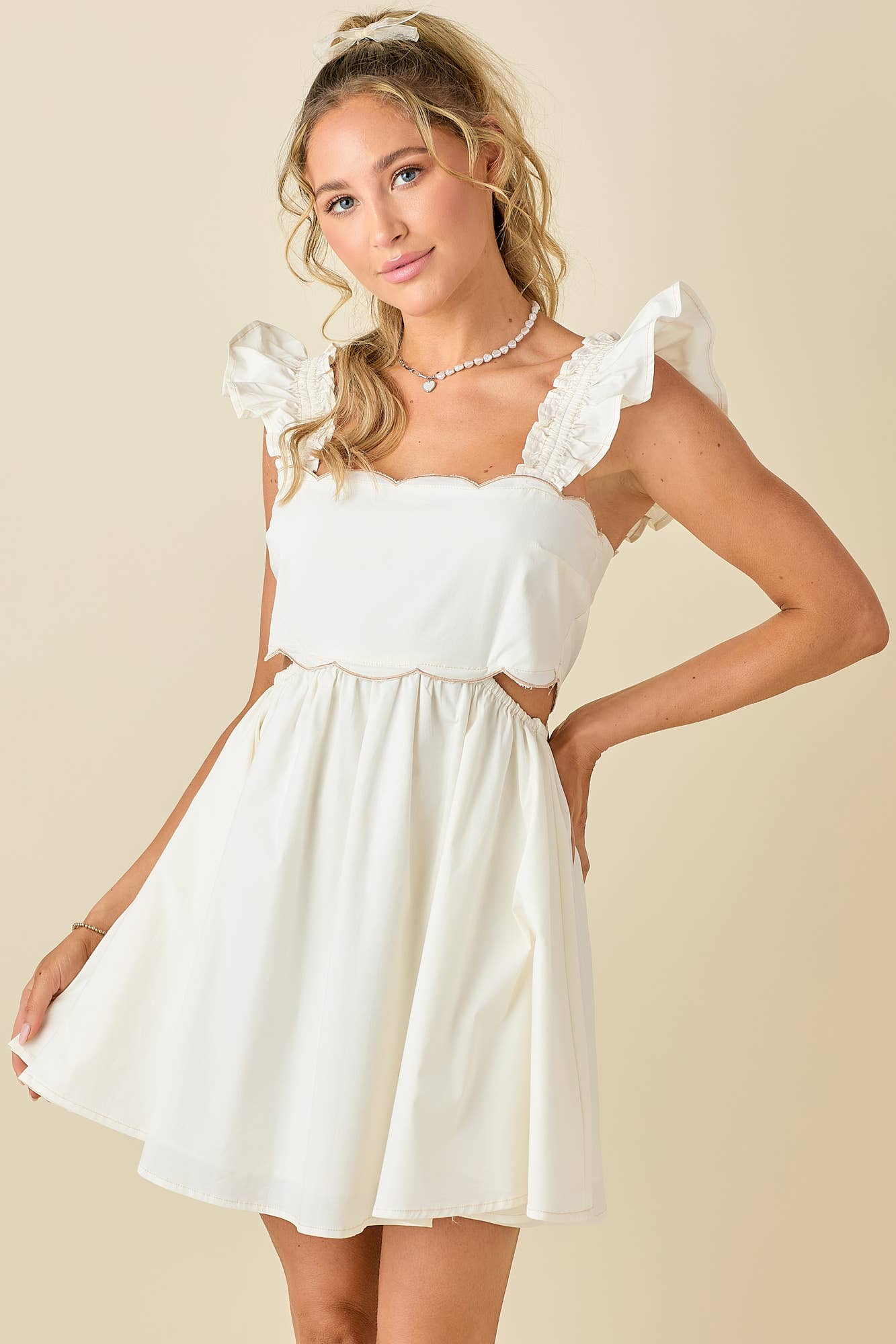 Scallop mini dress ruffled shoulder