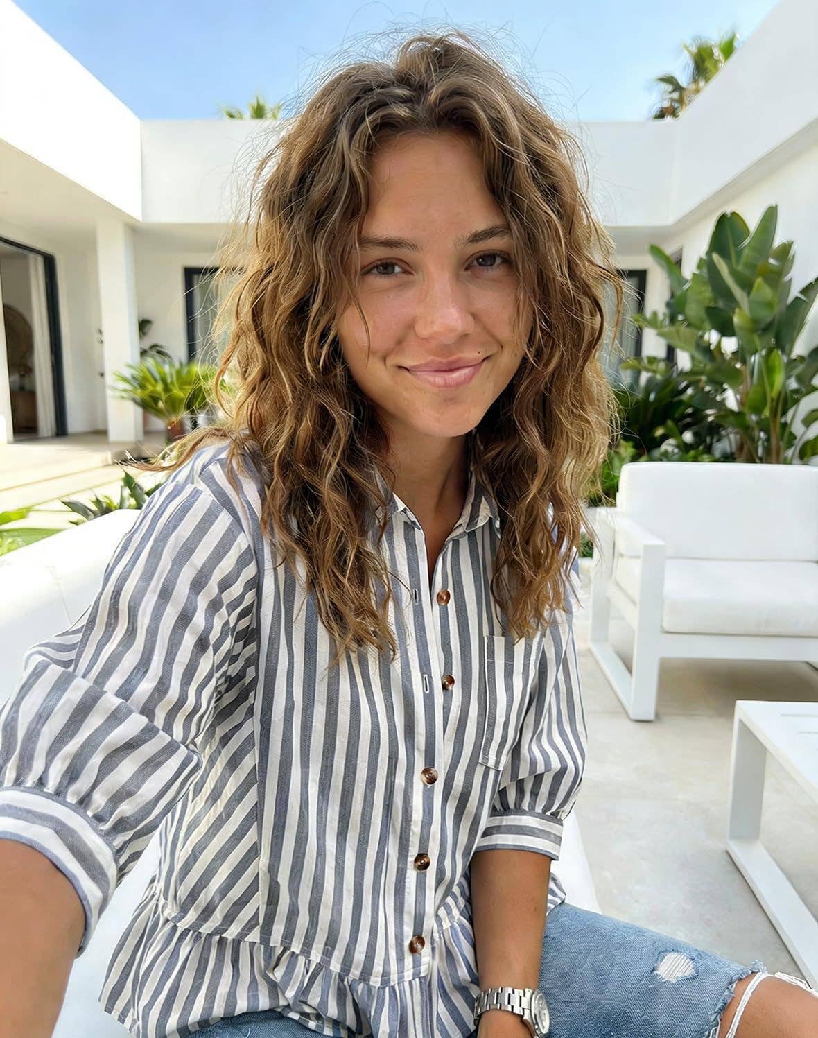 Striped Ruffle Hem 3/4 Sleeve Blouse