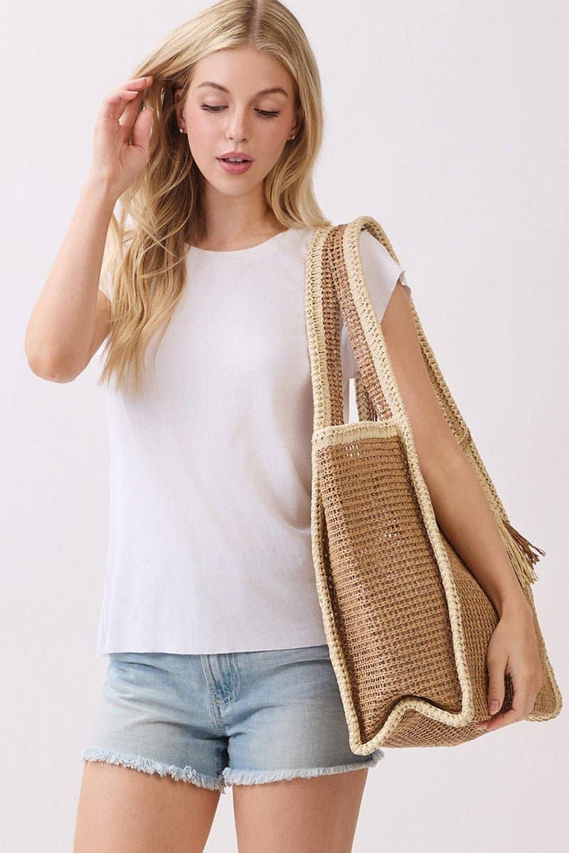 Island Escape Tan Two-Tone Woven Straw Tassel Tote