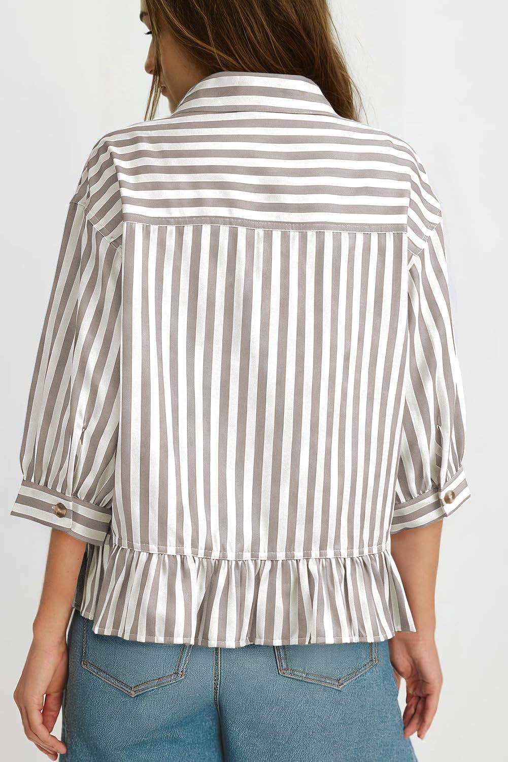 Striped Ruffle Hem 3/4 Sleeve Blouse