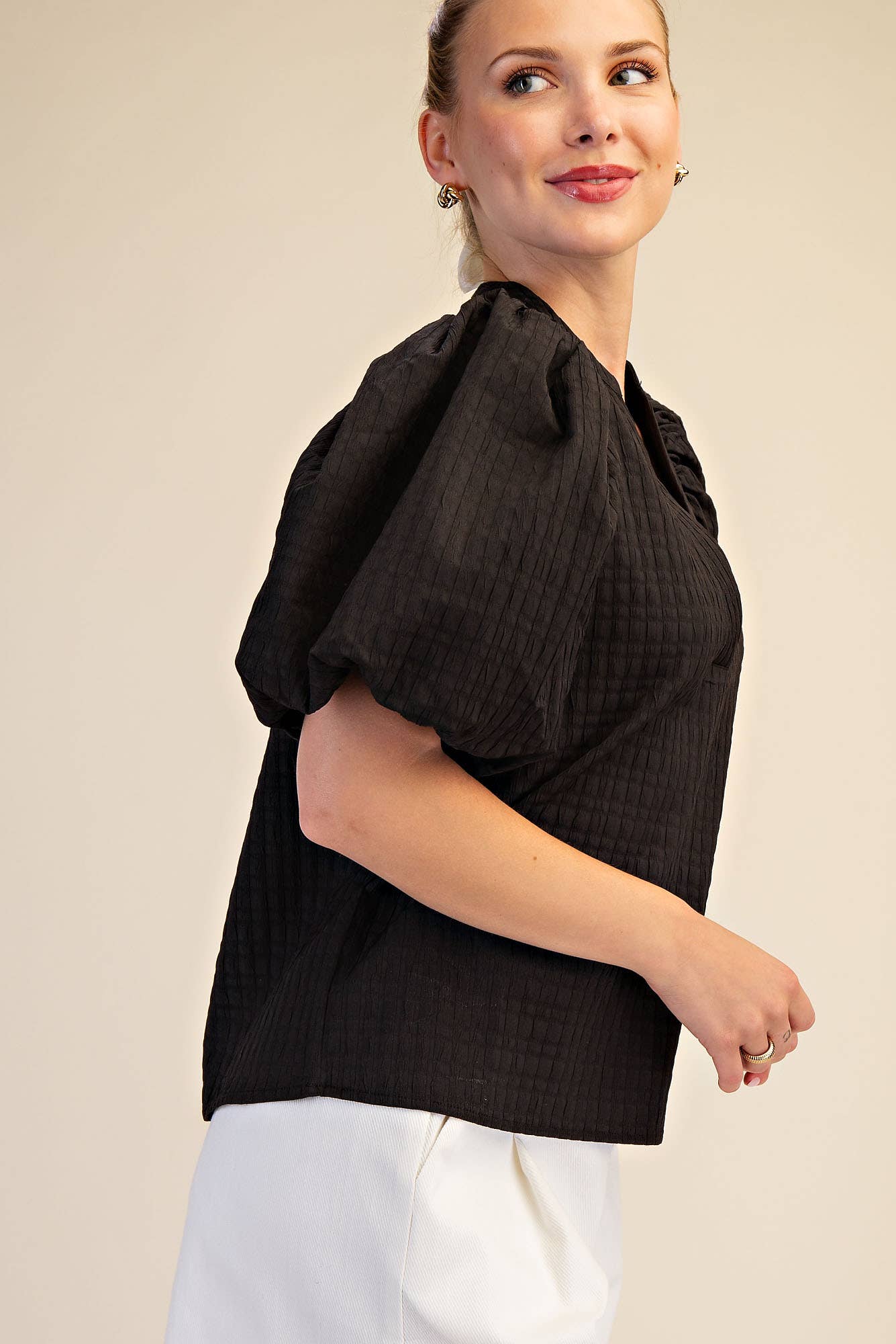 V-Neck Puff-Sleeve Textured Top