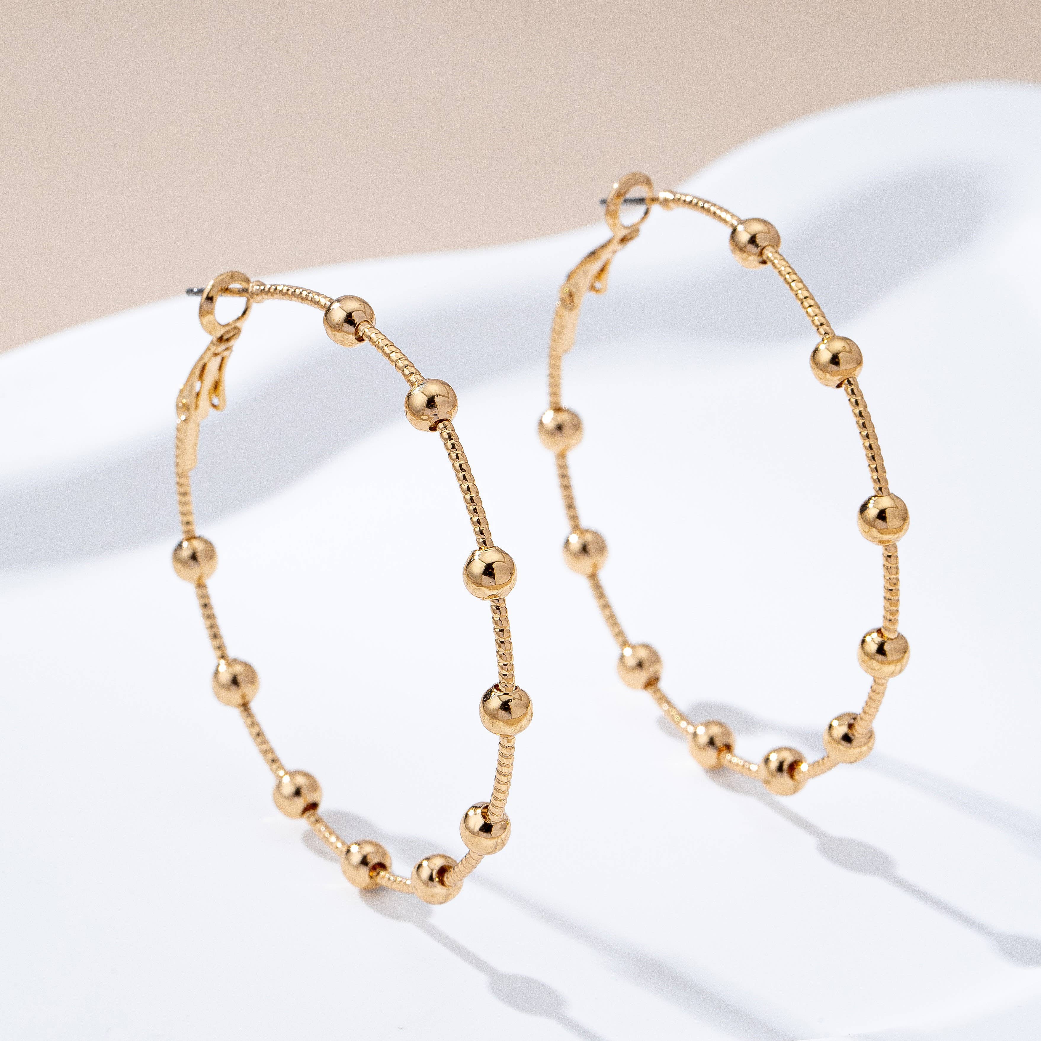 Classic Gold Ball Beaded Station Hoop Earrings | 80E61576