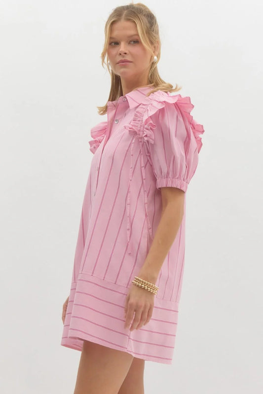 Pink Button Up Ruffle Sleeve Mini Dress