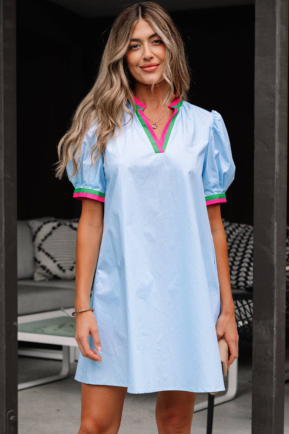 Contrast Striped V Neck Puff Sleeve Dress