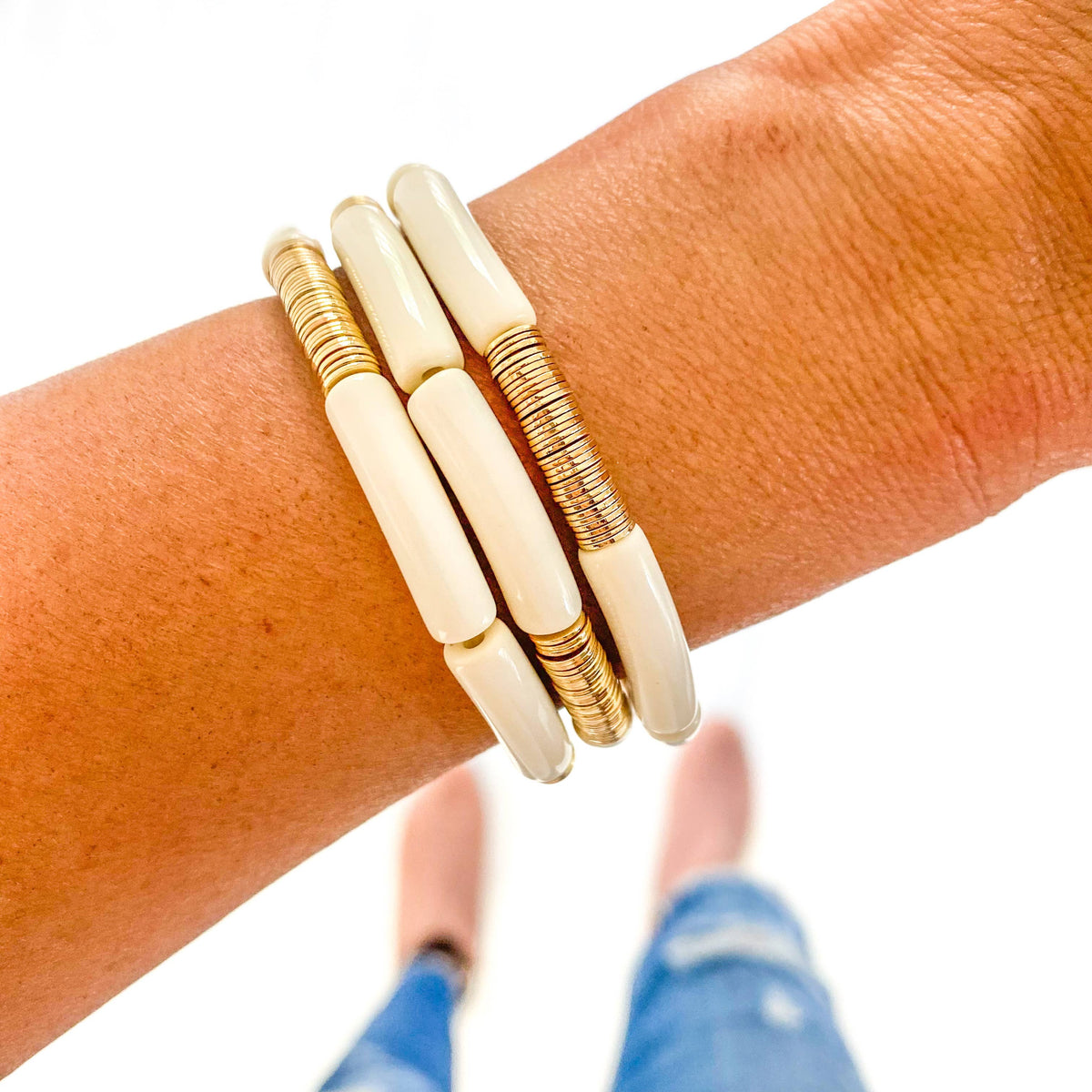 Ivory/Gold Acrylic Bamboo Bracelet