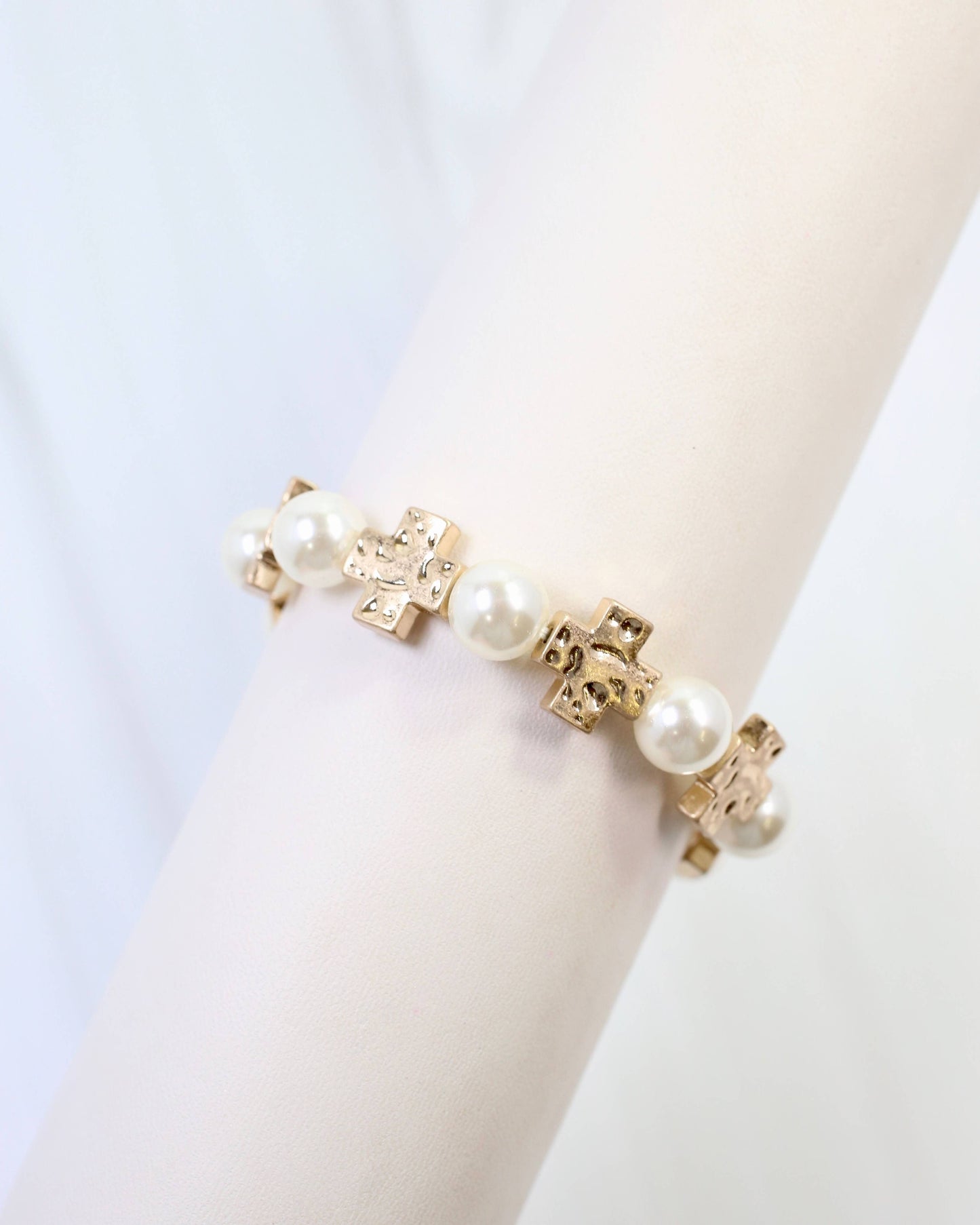 Lansing Pearl and Cross Stretch Bracelet Worn Gold