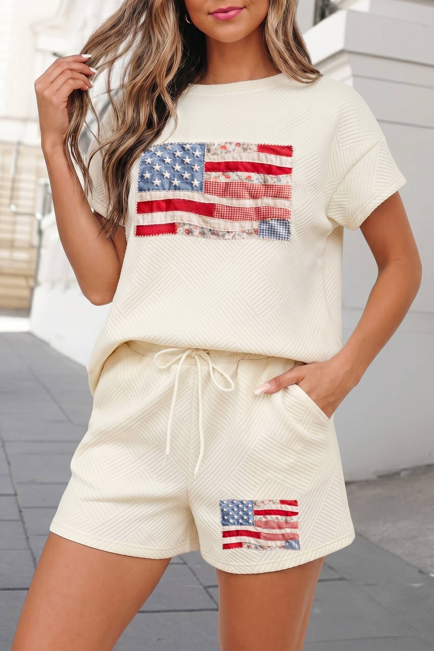 Textured USA Flag Graphic 2pcs Shorts Set