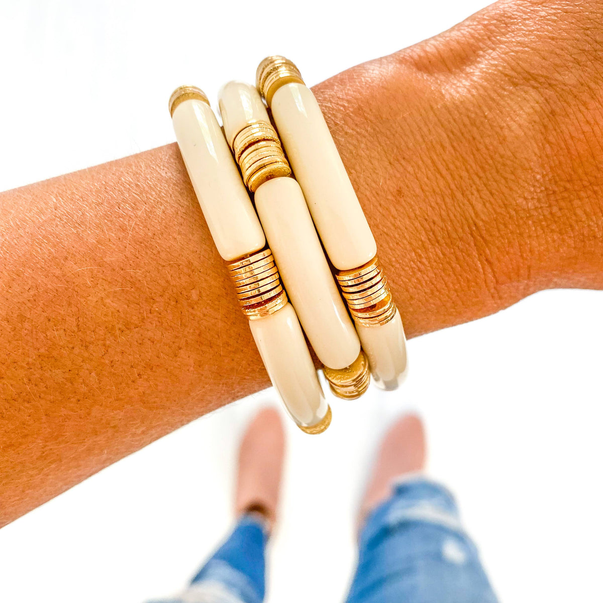 Ivory/Gold Acrylic Bamboo Bracelet
