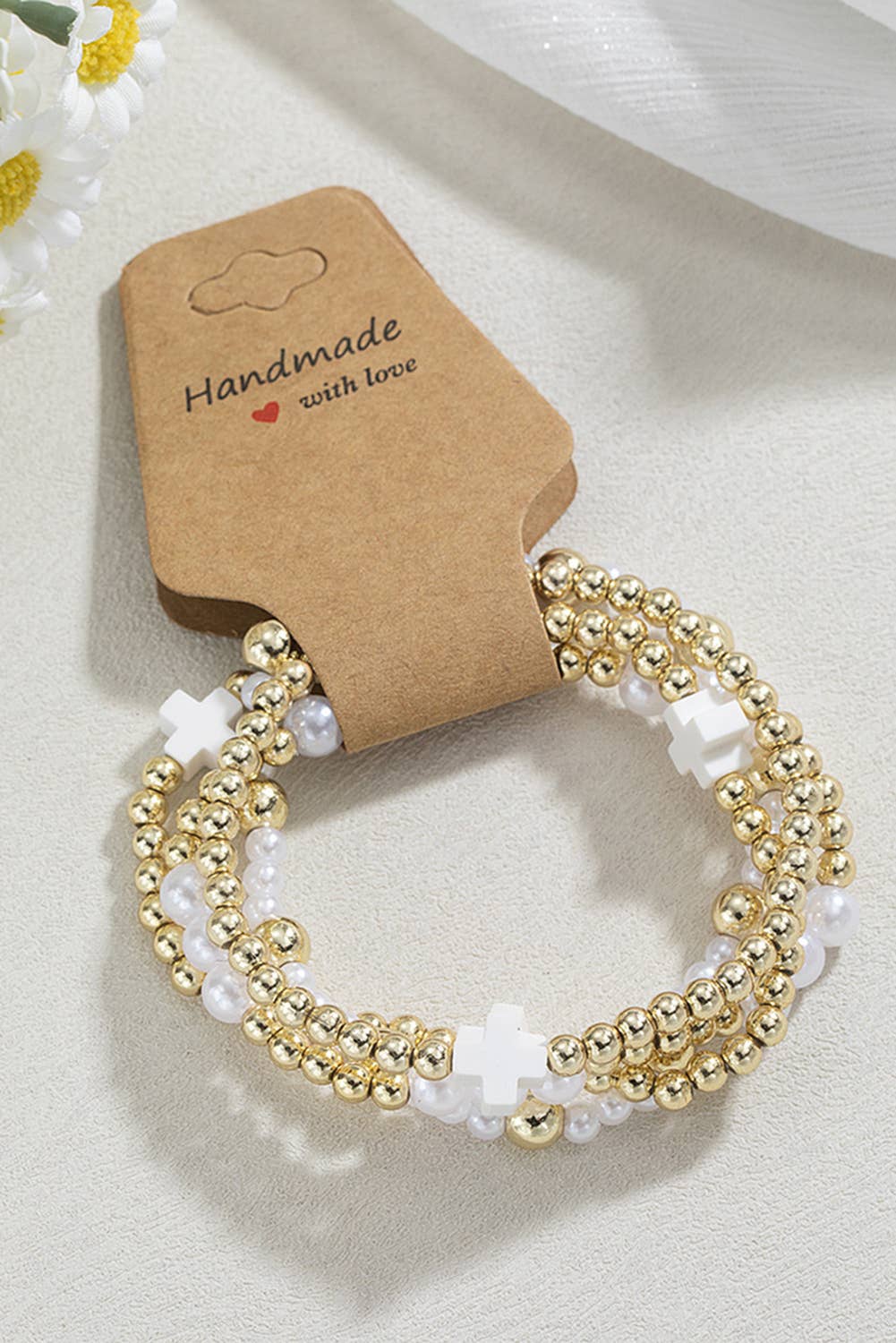 Cross Pearl Beaded Layered Bracelet
