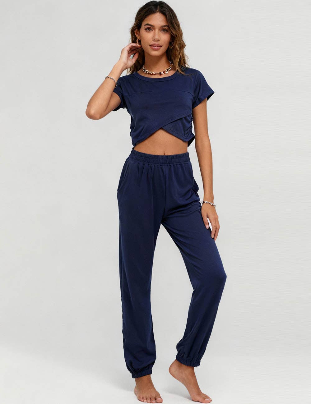 Ladies Solid Color Crop Top and Pants Set