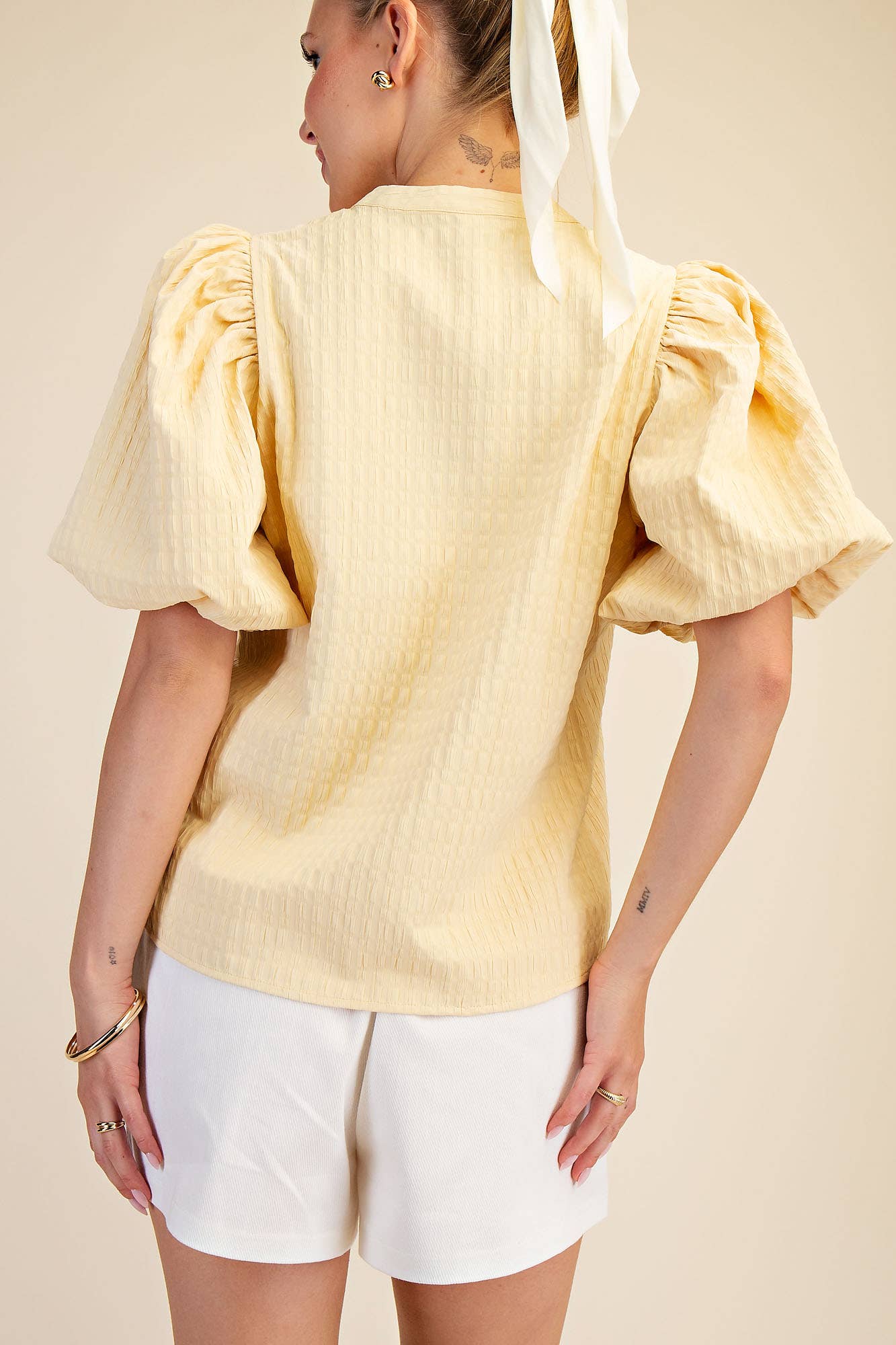 V-Neck Puff-Sleeve Textured Top