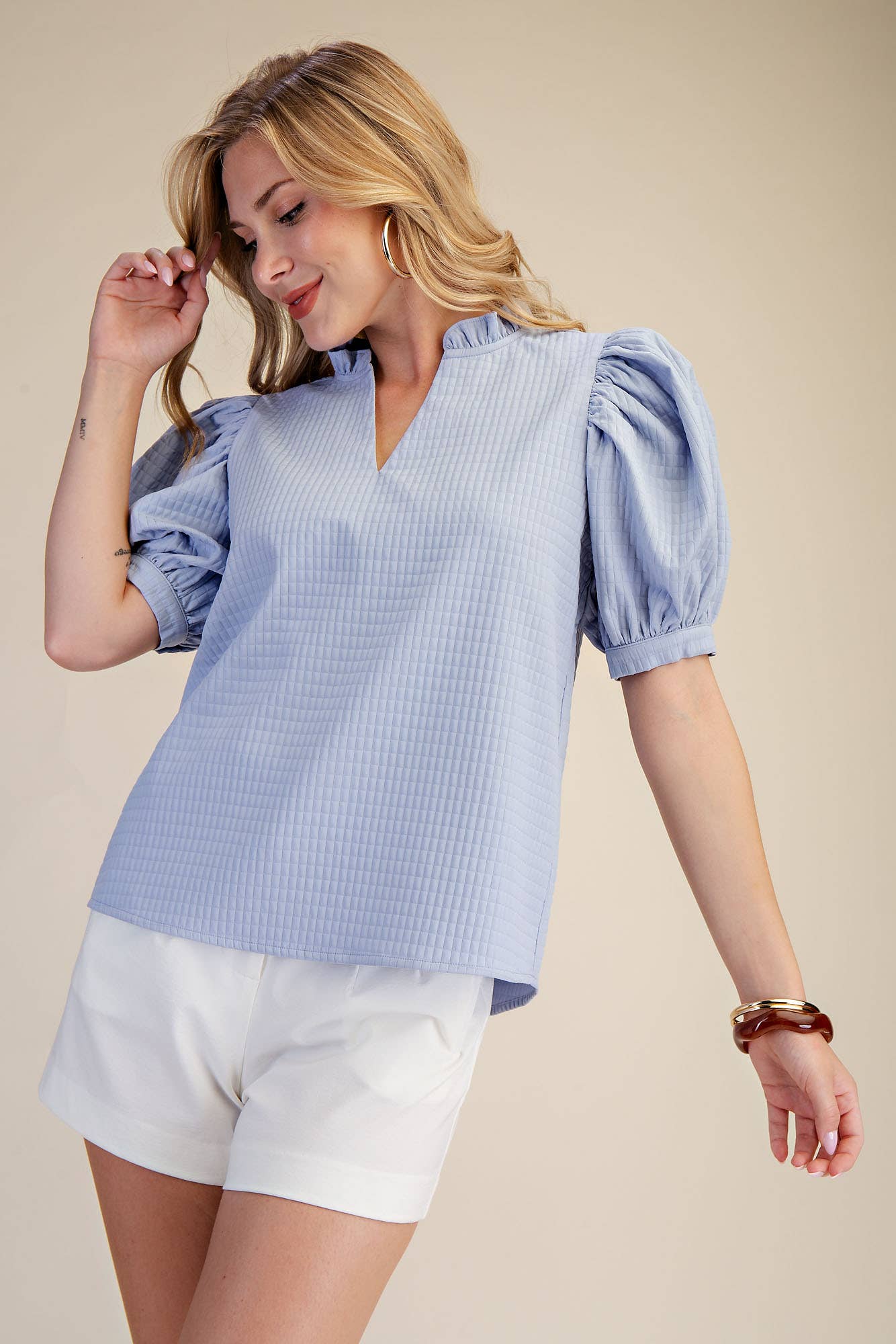 Ruffle V-Neck Puff Sleeve Top
