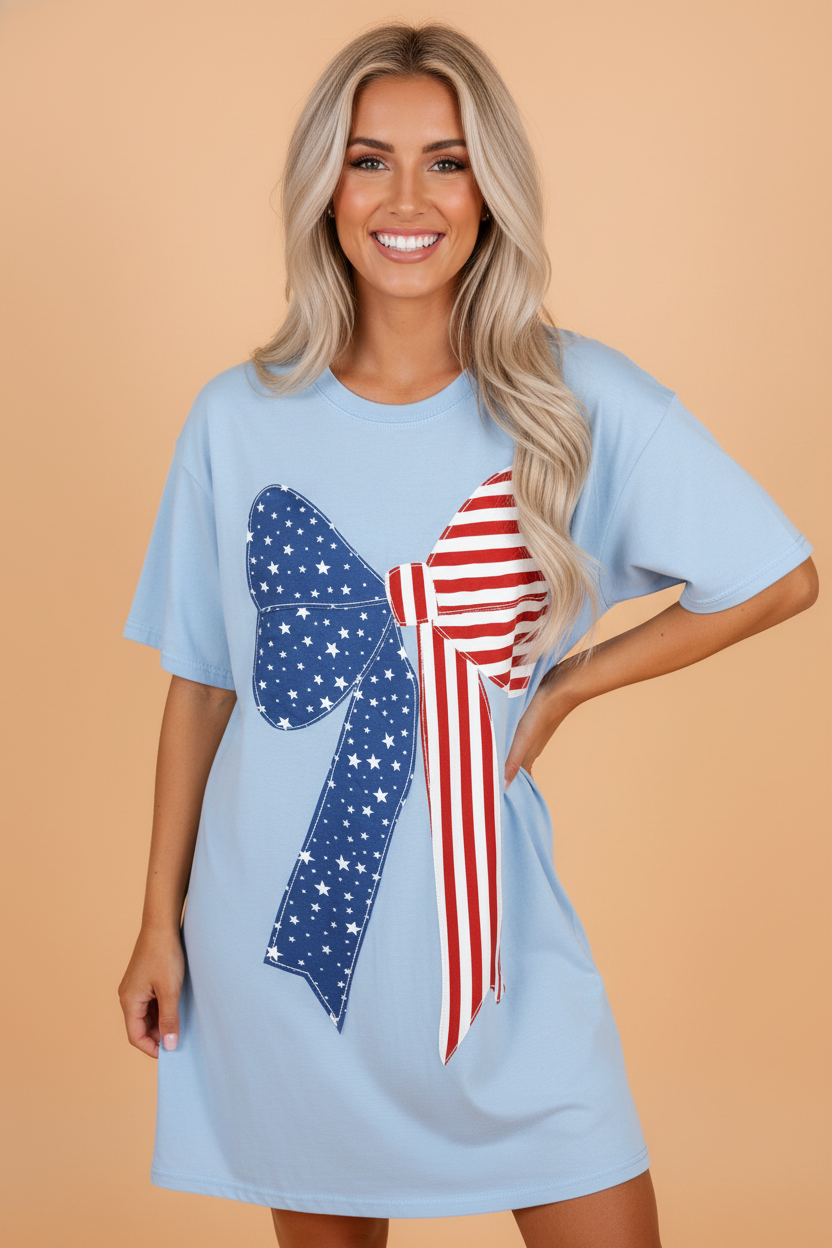 Patriotic Flag Bow Mini T-Shirt Dress