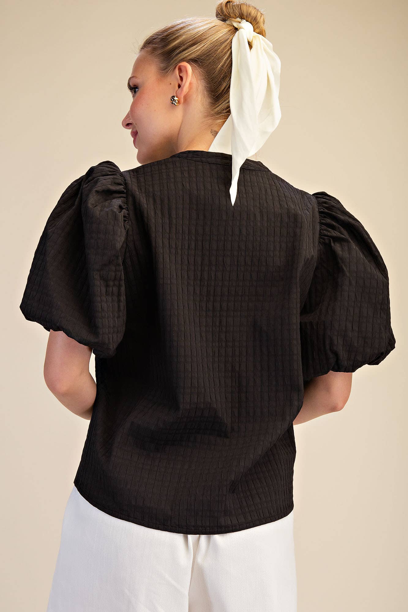 V-Neck Puff-Sleeve Textured Top