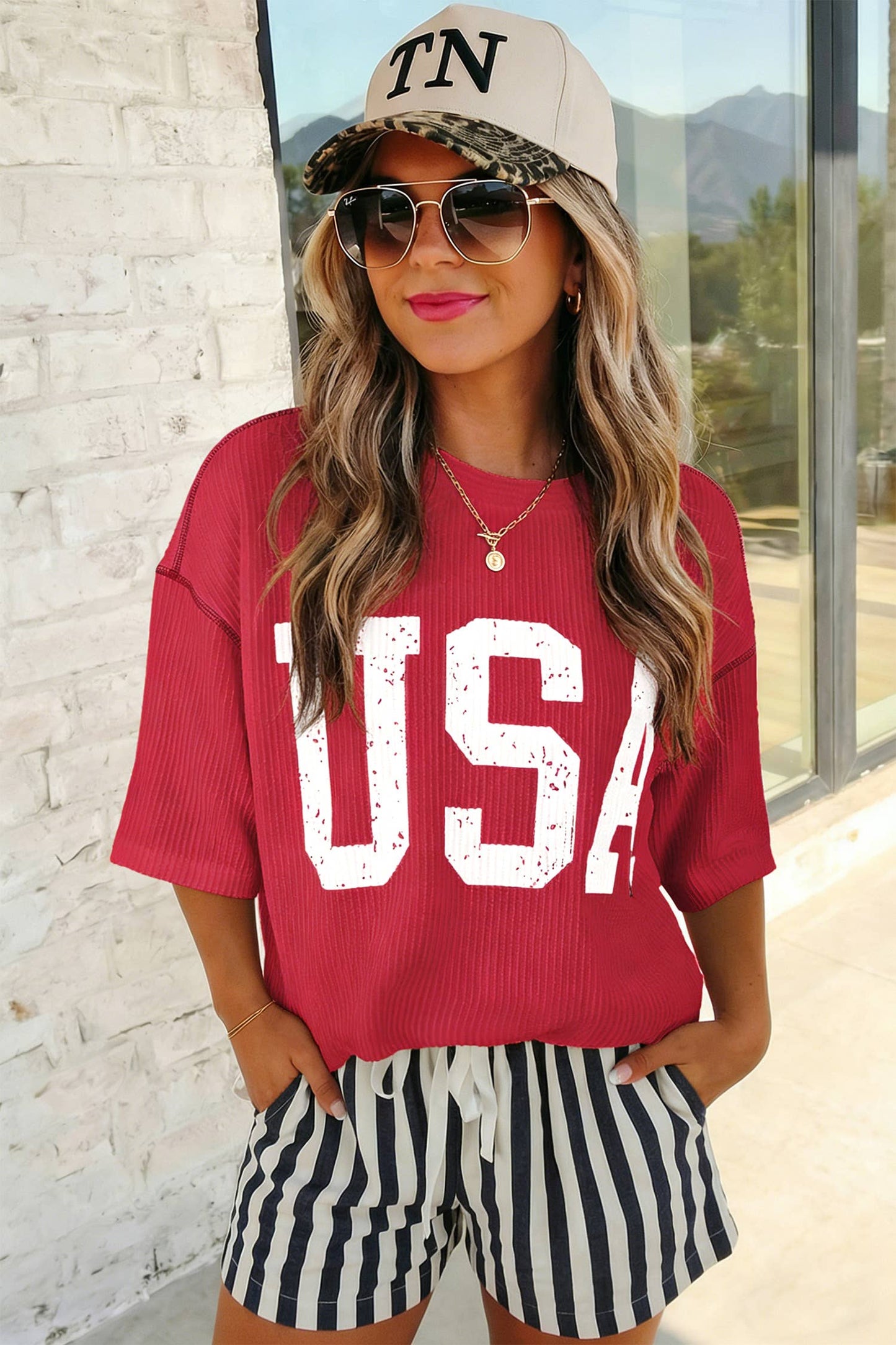 USA Graphic Half Sleeve Ribbed Top