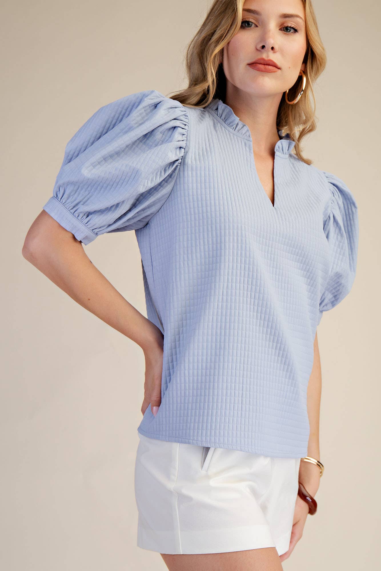 Ruffle V-Neck Puff Sleeve Top