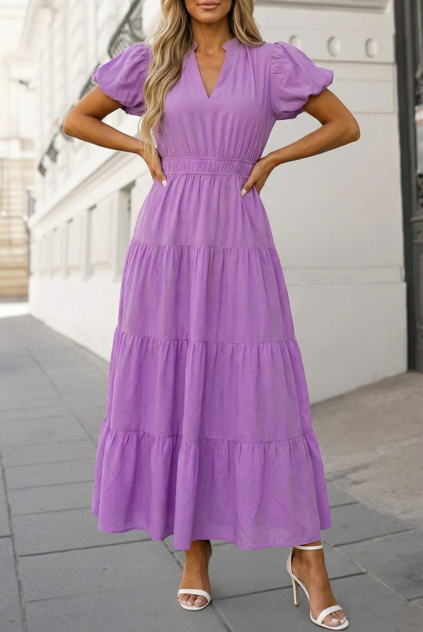 Green V Neck Puff Sleeve Maxi Dress